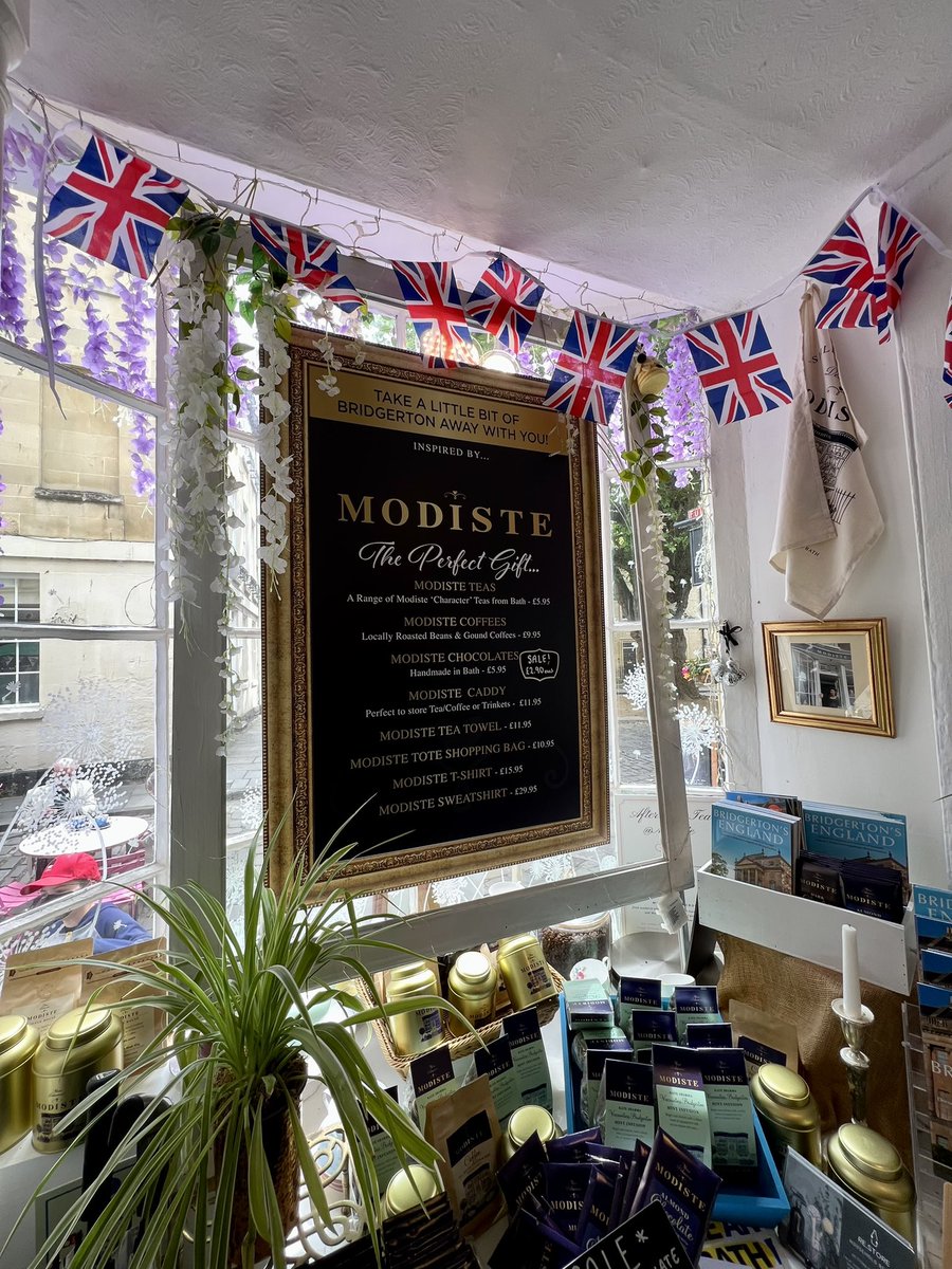 NicoleBdorf's tweet photo. Paid a visit to the #Modiste shop aka #TheAbbeyDeli today in #Bath: they certainly are proud of their strong ties to S1 of #Bridgerton Lots of great merchandise & fun decorations! 🫖🐝 https://t.co/b4YEOgFF81