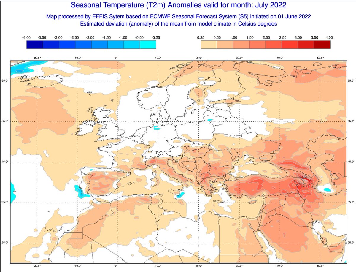 Πολύ καλά αποτύπωσαν τα κλιματικά μοντέλα το πρόσφατο κύμα του #καύσωνα στη Δυτική Ευρώπη. Για τον Ιούλιο στη χώρα μας προβλέπονται τιμές κατά 2 βαθμούς πάνω από τα κανονικά με τις μεγαλύτερες αποκλίσεις στα βόρεια. Δεν αξιολογούνται όμως σημαντικές @News247gr @CopernicusECMWF