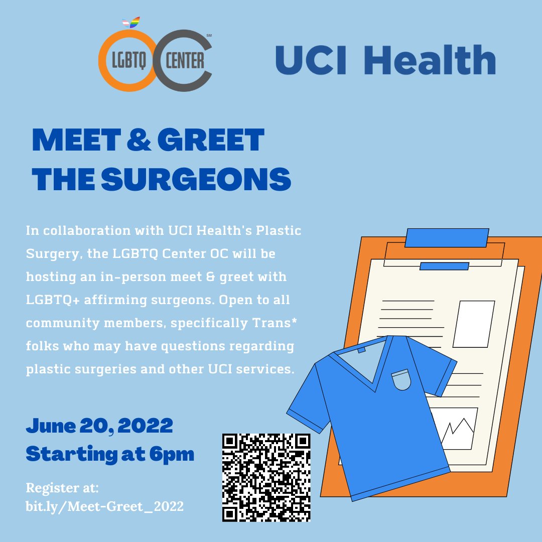 UCIrvineHealth's tweet photo. UCI Health will be hosting a plastic surgery meet and greet with the @lgbtqcenteroc on Monday, June 20 from 6-8 p.m. Register at https://t.co/DjiDcUNgQs #Pride2022 #HappyPride #PrideOC https://t.co/jb93Moo2I3