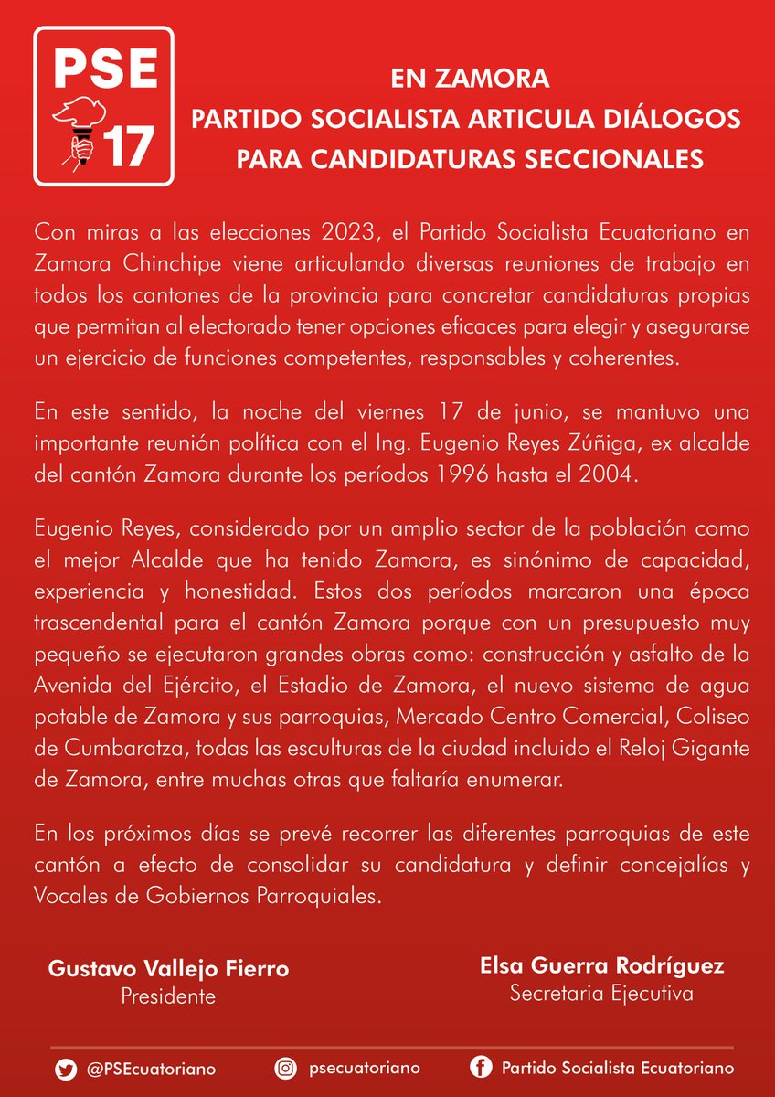 PSEcuatoriano's tweet photo. #Comunicado 🗣️ | Informamos sobre nuestro accionar político en miras a las elecciones 2023. Tenemos el respaldo de la provincia Zamora Chinchipe.

Seguimos adelante en unidad y lucha ✊🏾 

#PSENacional https://t.co/EPKg6nMBFc