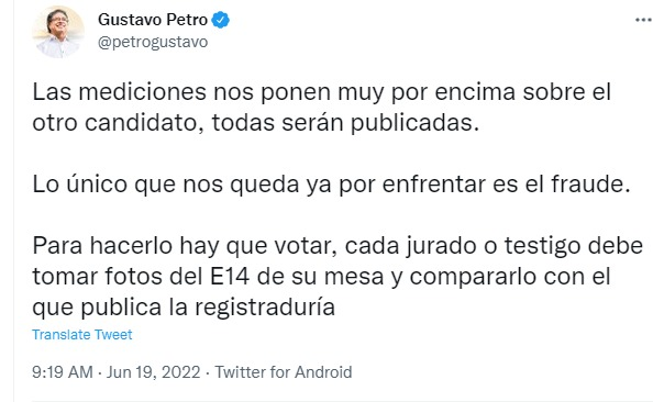 patriciajaniot's tweet photo. No hay mediciones que valgan contra los votos de los colombianos depositados en las urnas. Apenas comienza la jornada electoral en Colombia y @petrogustavo ya habla de fraude. ¿Es mucho pedirle que hoy especialmente actúe con mayor responsabilidad? https://t.co/MHw4JAeaDB