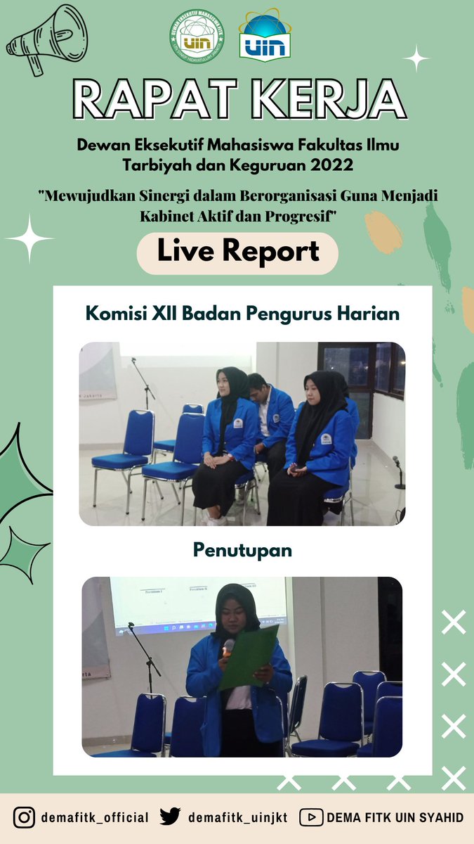 demafitk_uinjkt's tweet photo. Live Report kegiatan Rapat Kerja Dewan Eksekutif Mahasiswa Fakultas Ilmu Tarbiyah dan Keguruan Tahun 2022 dengan mengusung tema "Mewujudkan Sinergi dalam Berorganisasi Guna Menjadi Kabinet Aktif dan Progresif." #DEMAFITK #UINJakarta #KabinetProgresif https://t.co/J5LJv9XE6z