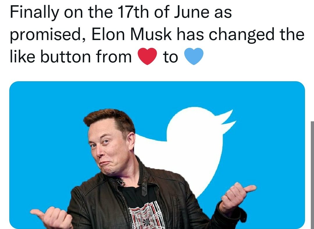 statusbooks's tweet photo. Finally Elon Musk has changed Like button from ♥️ to 💙
#ElonMusk https://t.co/Vhsn6zFoVj