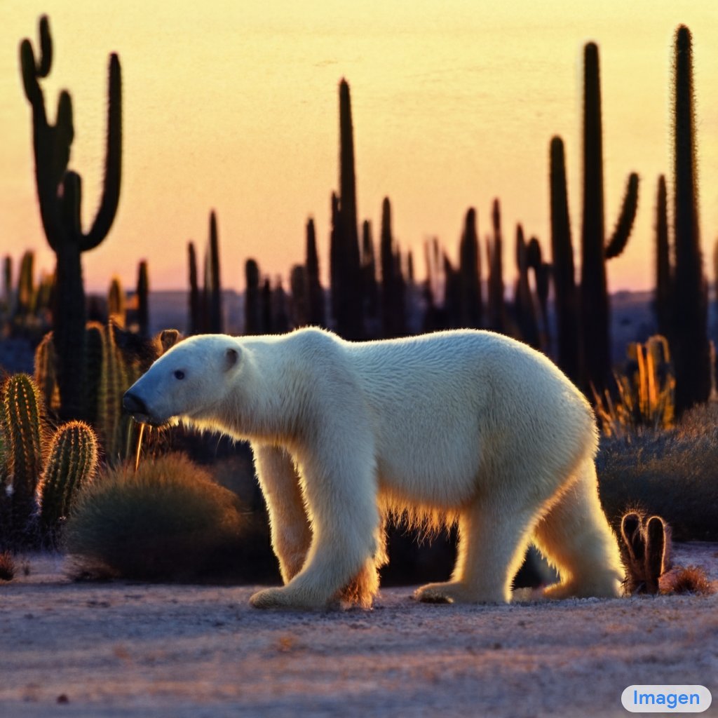“A photo of a polar bear in a desert of cacti at sunset, 35mm film”

Generated with #Imagen
