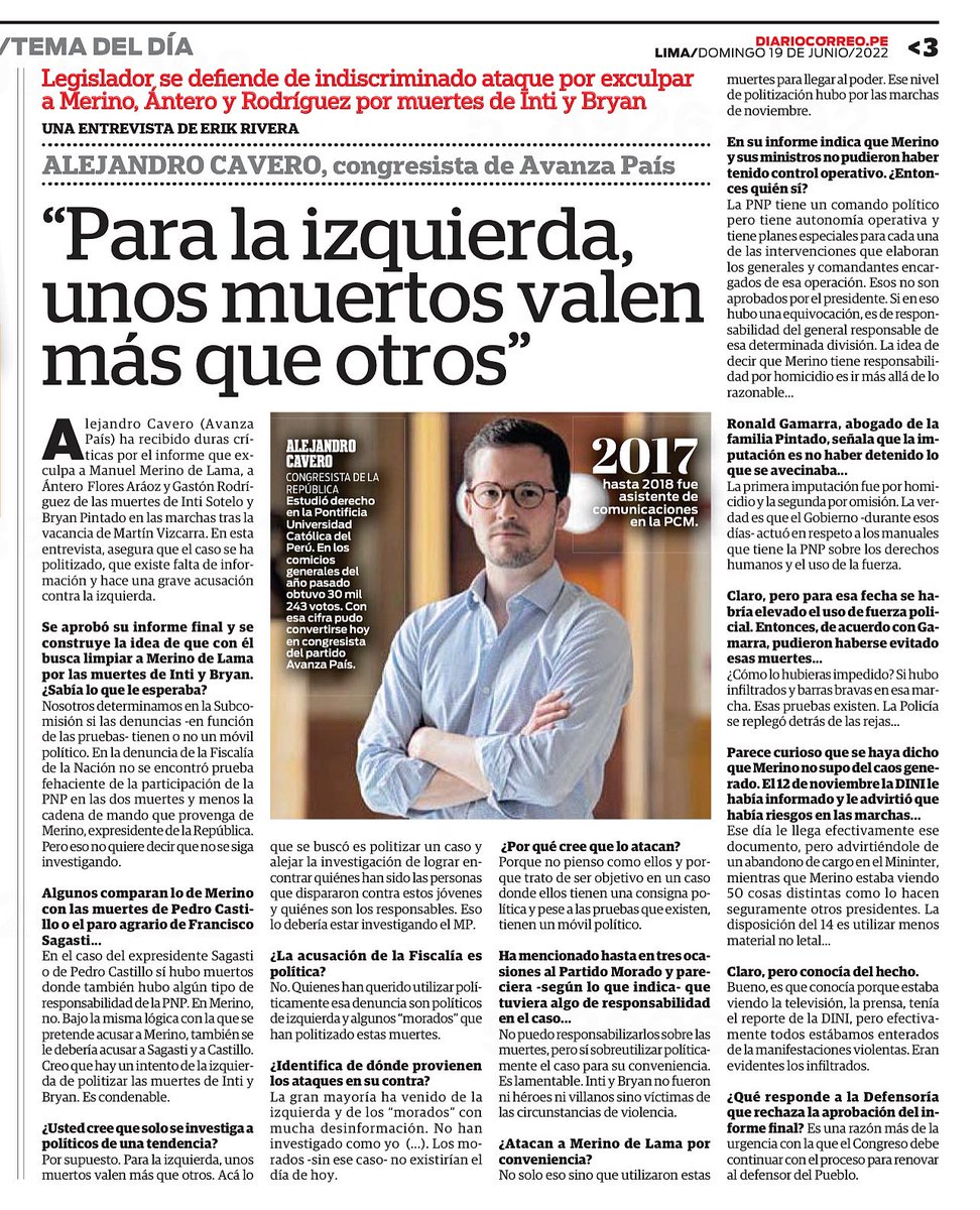AlejandroCavero's tweet photo. Amigos, les comparto mi entrevista publicada el dia de hoy en @diariocorreo, respondiendo varias de las mentiras que se vienen repitiendo por parte de la izquierda y los morados 🇵🇪 https://t.co/fEKfxhfQnQ