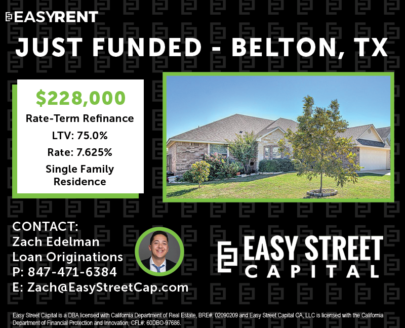 rob_s_simon's tweet photo. #JustFunded
Rate-Term Refinance in Belton, Texas.  The road to #financialfreedom has to start somewhere, this borrower has partners with @EasyStreetCap to lock in 30-yr financing for his first cash-flowing SFR!  One step at a time!
@ZachEdelmanESC https://t.co/z1WsD5kO2f