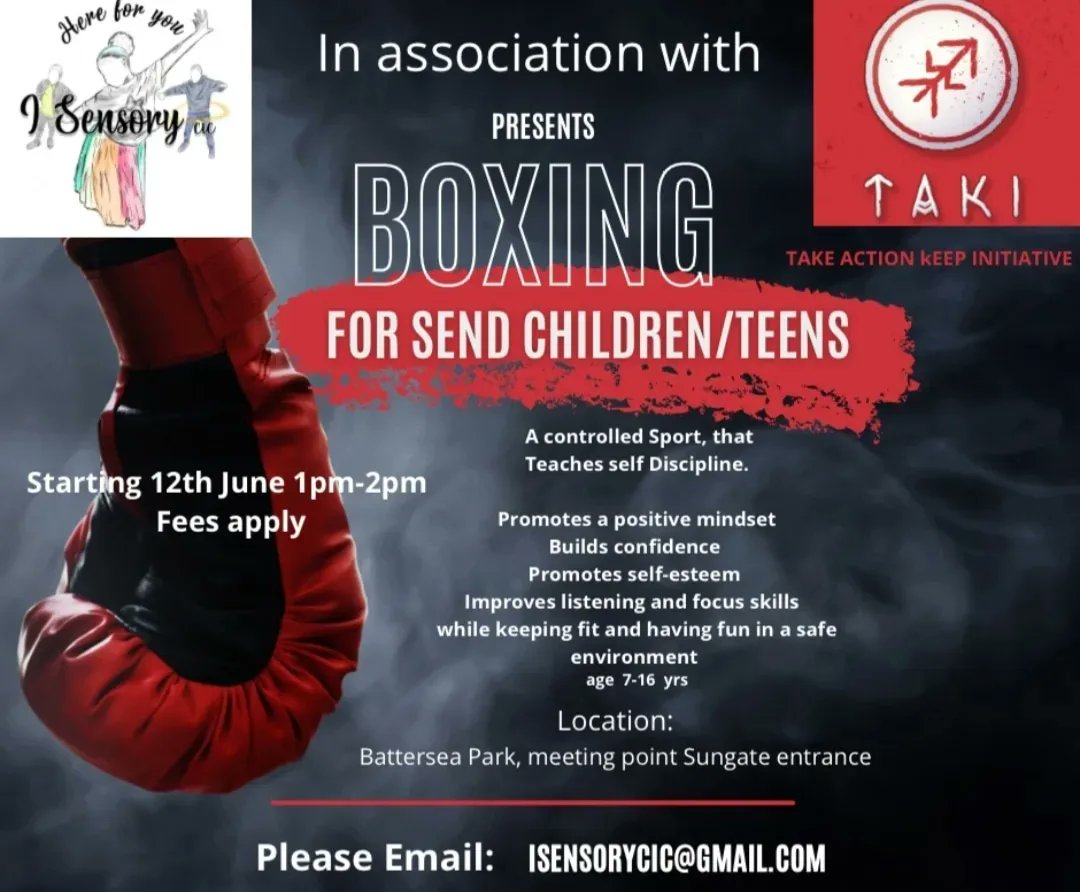 isensorycic's tweet photo. Boxing sessions for #sendchildren @isensorycic providing a positive outlet with professional coaching from @LtdTaki thank you for another amazing session
#sendsport #childrenswellbeing #sendparents #Wandsworthsend https://t.co/LqRueF2cDi