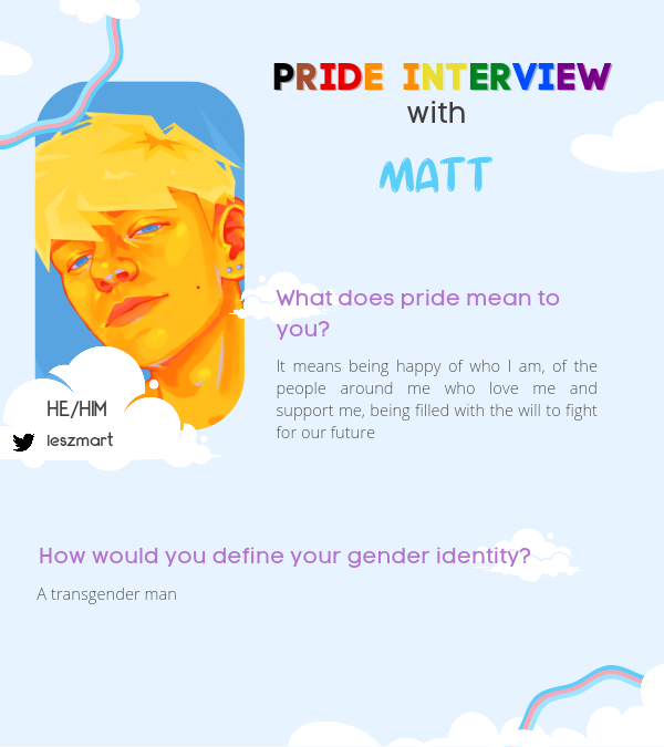 transrepzine's tweet photo. "My gender expression is for no one to describe but myself"
On this episode of our #PrideInterview series, Matt, a transgender man and an artist for the zine, speaks to us on what Pride means to him. https://t.co/Wm2P9qxHG2
