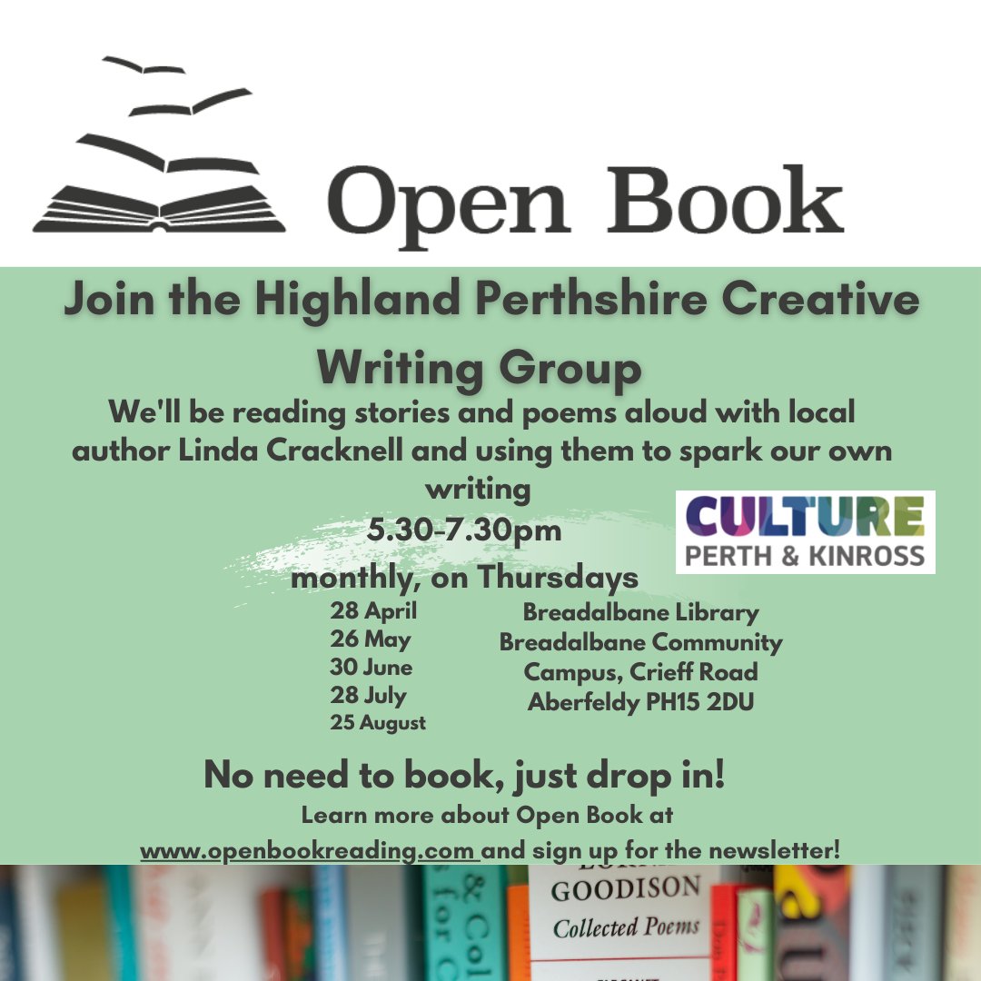 The next <a href="/openbookreading/">Open Book</a> session at #BreadalbaneLibrary's Highland Perthshire Creative Writing Group is on Thursday, 30 June. You're welcome to come along for reading, writing and poetry with author <a href="/LindaJCracknell/">Linda Cracknell</a>. And it's free!

<a href="/openbookreading/">Open Book</a> <a href="/BreadalbaneCC/">Breadalbane Campus</a> #Aberfeldy
