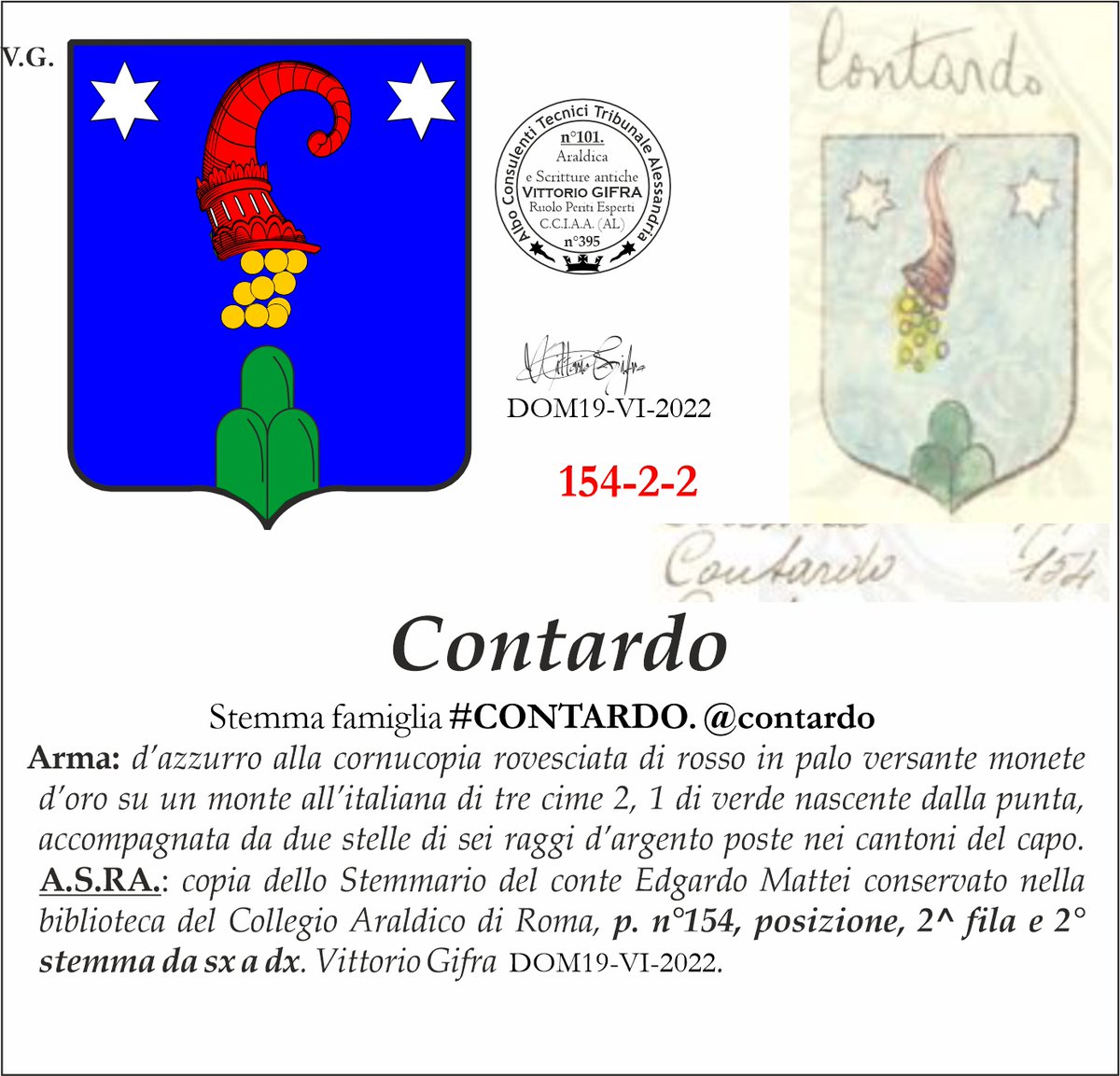 VGIFRA's tweet photo. Stemma famiglia #CONTARDO. @contardo
Arma: d’azzurro alla cornucopia rovesciata di rosso in palo versante monete d’oro su un monte all’italiana di tre cime 2, 1 di verde nascente dalla punta, accompagnata da due stelle di sei raggi d’argento poste nei cantoni del capo. https://t.co/nqM6oyInSO