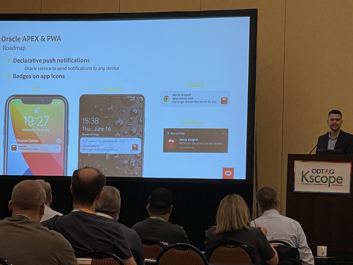 McilroyJackie's tweet photo. Declarative push notifications are on the  #orclapex PWA Roadmap!

Great presentation by @vincentmorneau 

@ODTUG #Kscope22 https://t.co/fXfD1he6qX