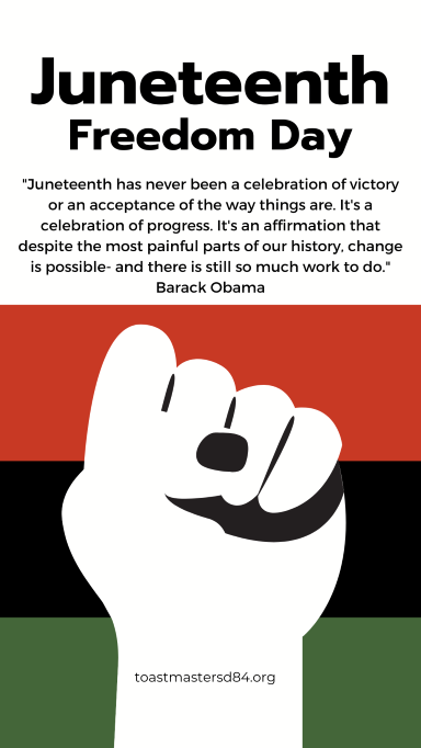 tm_d84's tweet photo. Happy Juneteenth! "Juneteenth has never been a celebration of victory or an acceptance of the way things are. It's a celebration of progress. It's an affirmation tha...
#tmd84 #juneteenth #celebration #freedom #diversity #blackhistory #usa #toastmasters #communication #leadership https://t.co/tPMaruakTO