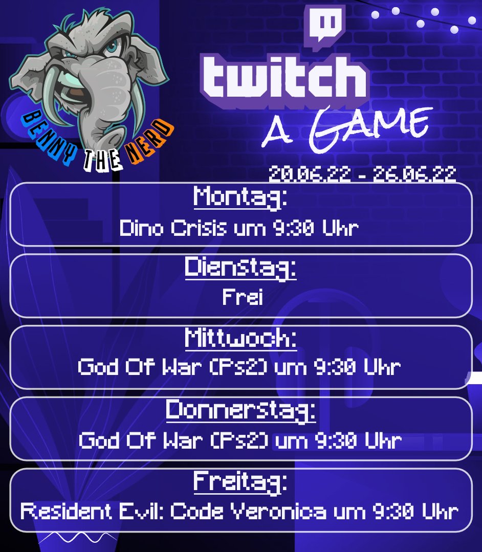 Benny_The_Nerd's tweet photo. Hey, meine #Nerds.

Hier ist der neue #Streamplan.
Freu mich euch im Stream zu sehen.

https://t.co/a2Zt0AEVur

#ResidenEvilCodeVeronica #GodOfWar #DinoCrisis #PlayStation #Capcom #SantaMonicaStudio #Retrogaming #Twitch #TwitchStreamers #TwitchDE #BennyTheNerd https://t.co/w4gD0MMUTl