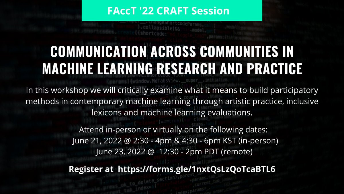 SEDL_workshop's tweet photo. Our CRAFT Session  @FAccTConference is approaching!  Our 3-part session examines 1) ML evaluations, standards &amp; critiques 2) Building an inclusive lexicon for ML &amp; 3) Artistic narratives as a form of communication. 

Sign up at https://t.co/2aYwm4rGG7 https://t.co/58JaGrdP8E