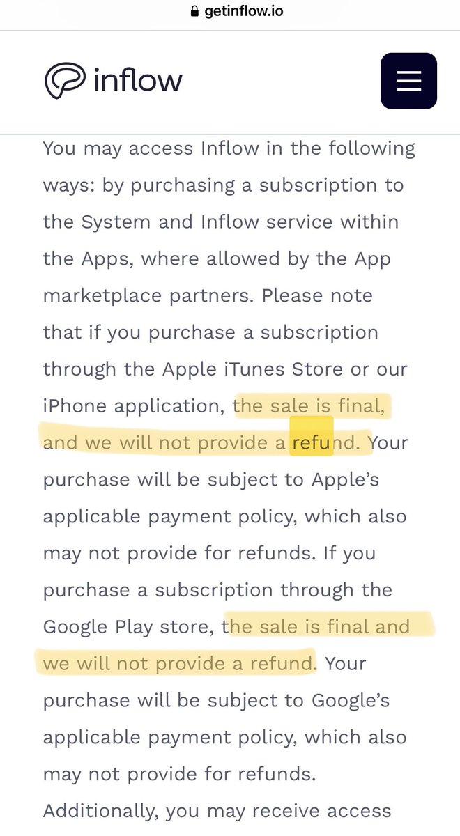 Wanted to try <a href="/get_inflow/">Inflow | The ADHD App</a> but this is super shady.

Before even being able to see the app, there’s a payment wall saying “we’ll refund you if you forget to cancel.” But then the terms linked to from that same screen says “we will not provide a refund.” 🤠