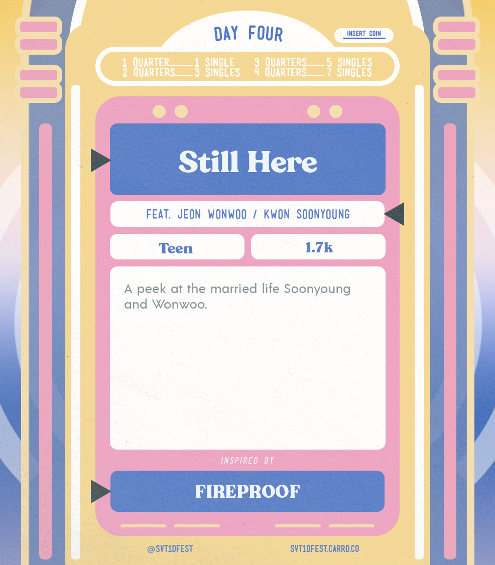 Still Here

✨ Jeon Wonwoo / Kwon Soonyoung
🎤 T | 1.6k | Chapters 1/2
🎶 Inspired by Fireproof
🎟 archiveofourown.org/works/39554898… 
#svt1dfest