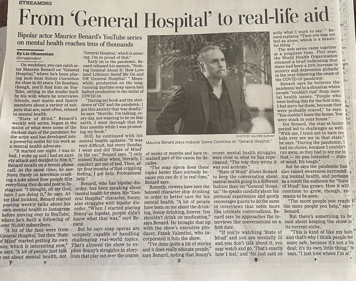 @MauriceBenard @mbstateofmind I am so happy to see this in todays paper. Your contribution to mental health is remarkable. Thank you.