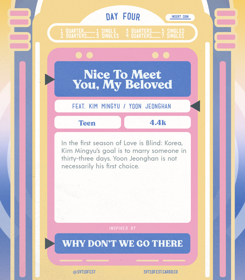 Nice To Meet You, My Beloved

✨ Kim Mingyu / Yoon Jeonghan
🎤 T | 4.4k | Chapters 1/2
🎶 Inspired by Why Don’t We Go There
🎟 archiveofourown.org/works/39700077…

#svt1dfest