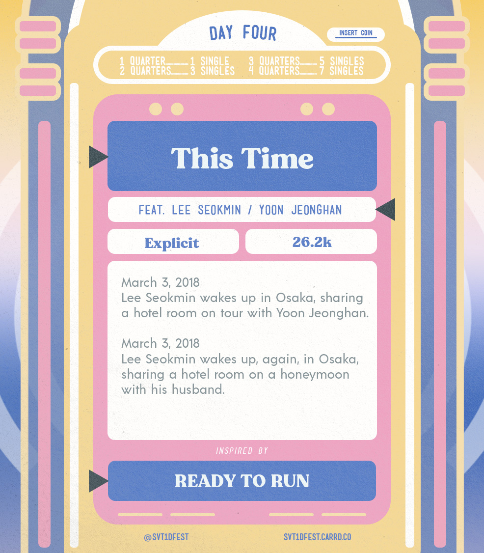 This Time

✨ Lee Seokmin / Yoon Jeonghan
🎤 E | 26.2k | Complete
🎶 Inspired by Ready To Run
🎟 archiveofourown.org/works/39121845…

#svt1dfest
