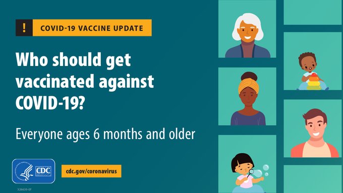 An infographic with a COVID-19 vaccine update. Everyone ages 6 months and older should get a COVID-19 vaccine. Shown are illustrations of adults, a child blowing bubbles, and a child playing with a toy.