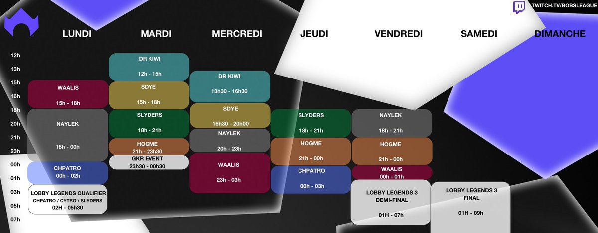 Planning pour la semaine du Lundi 20/06 au Dimanche 26/06
Bienvenue à <a href="/DocteurKiwi/">Docteur_Kiwi</a> et à @CgandelHogme qui rejoignent la Bob's League ! N'hésitez pas à passer leur faire un petit coucou (aux autres aussi 😉)

twitch.tv/bobsleague