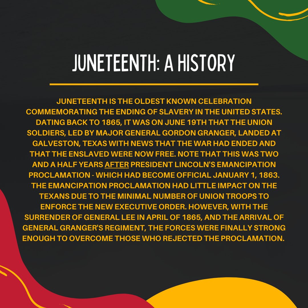 #Juneteenth commemorates the effective end of slavery in the United States on this day in 1865.

We encourage everyone to celebrate, spend time learning the history, and researching how to effect racial and social justice in your community.