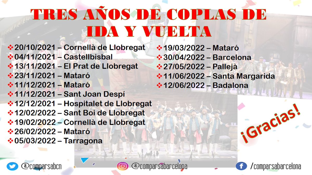 Agradecidos por el cariño recibido en tantos lugares con nuestra antología "Tres años de coplas de ida y vuelta".

Pronto empezaremos a dar forma al Carnaval 2023😍

#comparsagaditanadebarcelona