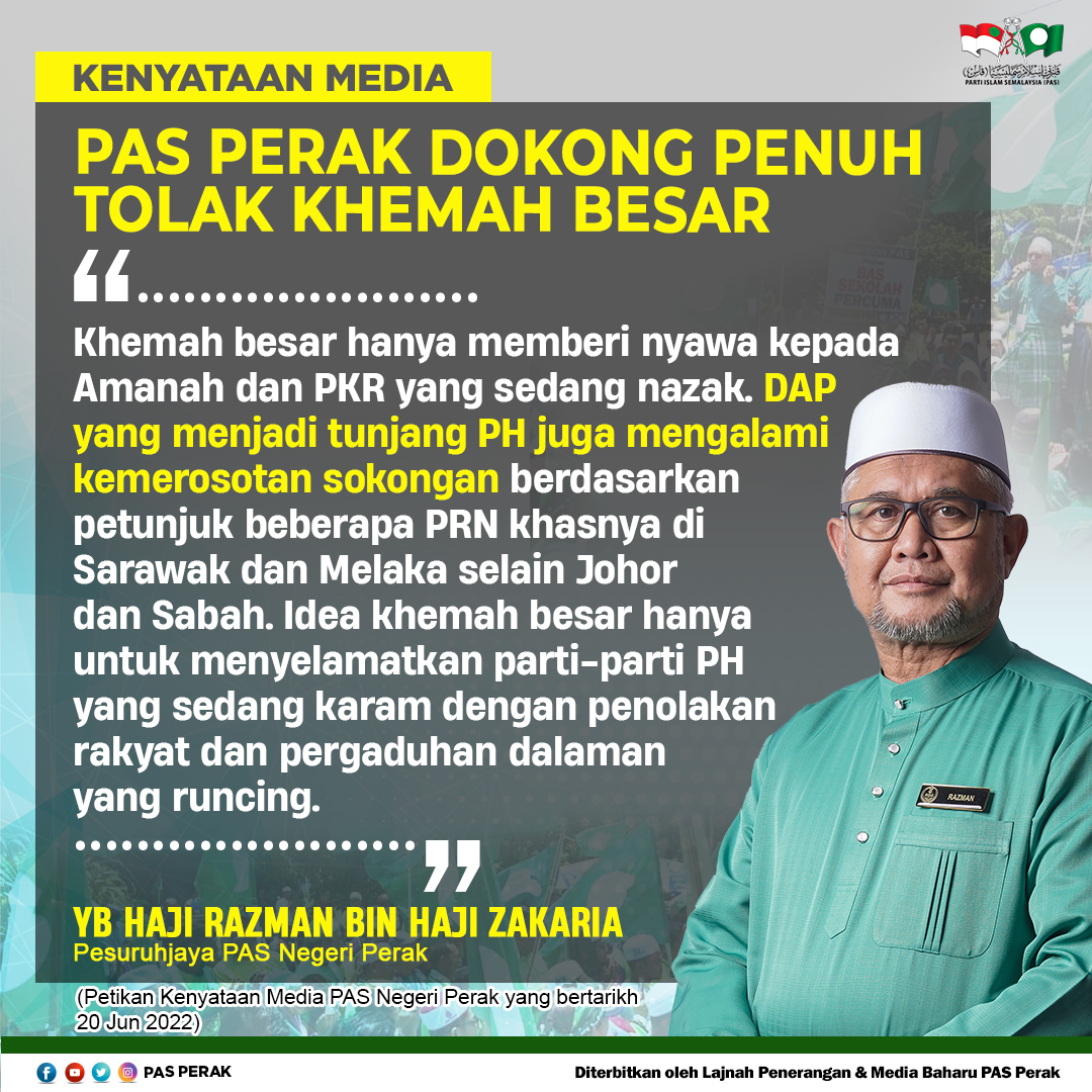 perak_pas's tweet photo. PAS PERAK DOKONG PENUH TOLAK KHEMAH BESAR

“Khemah besar hanya memberi nyawa kepada Amanah dan PKR yang sedang nazak.  DAP yang menjadi tunjang PH juga mengalami kemerosotan sokongan berdasarkan petunjuk....]

Baca Penuh
https://t.co/ZipguA8u9K https://t.co/Vgxz1HLfEH