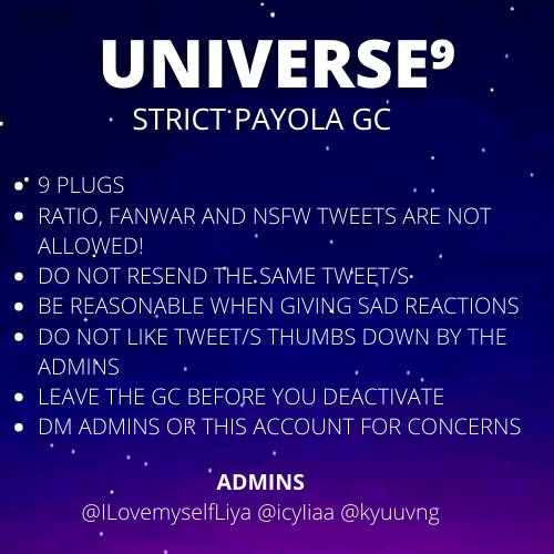 UNIVERSE⁹ STRICT HYPE/PAYOLA GC IS RECRUITING ACTIVE MEMBERS!🪐

•OPEN TO ALL FANDOMS
•68-70+  LIKES GUARANTEED
•Do not interact with this tweet if you're inactive‼️

➡️RT AND REPLY  YOUR @ TO JOIN
➡️MBF: <a href="/UniverseSPGC/">UNIVERSE⁵🖤</a>
(You can cu through our likes)