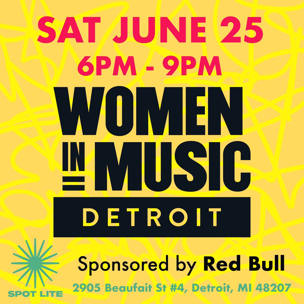 PilarCote's tweet photo. Join us SAT JUNE 25th! 6pm -9pm at Spotlight to meet Women In Music Detroit!!! Then stay to dance till 2am with @JennyLaFemme and @Hotwaxx! Event sponsored by Red Bull🔥🔥🔥 #detroit #women #music #DJ #WIMD https://t.co/MrW8xFkjKL