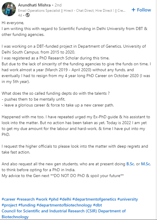 India will not make significant progress in science till it fixes the basics--such as paying scientists and research fellows on time, addresses bureaucratic delays. 
We are bleeding talent, there are so many stories like the below. 
Why is this not a priority for science leaders?