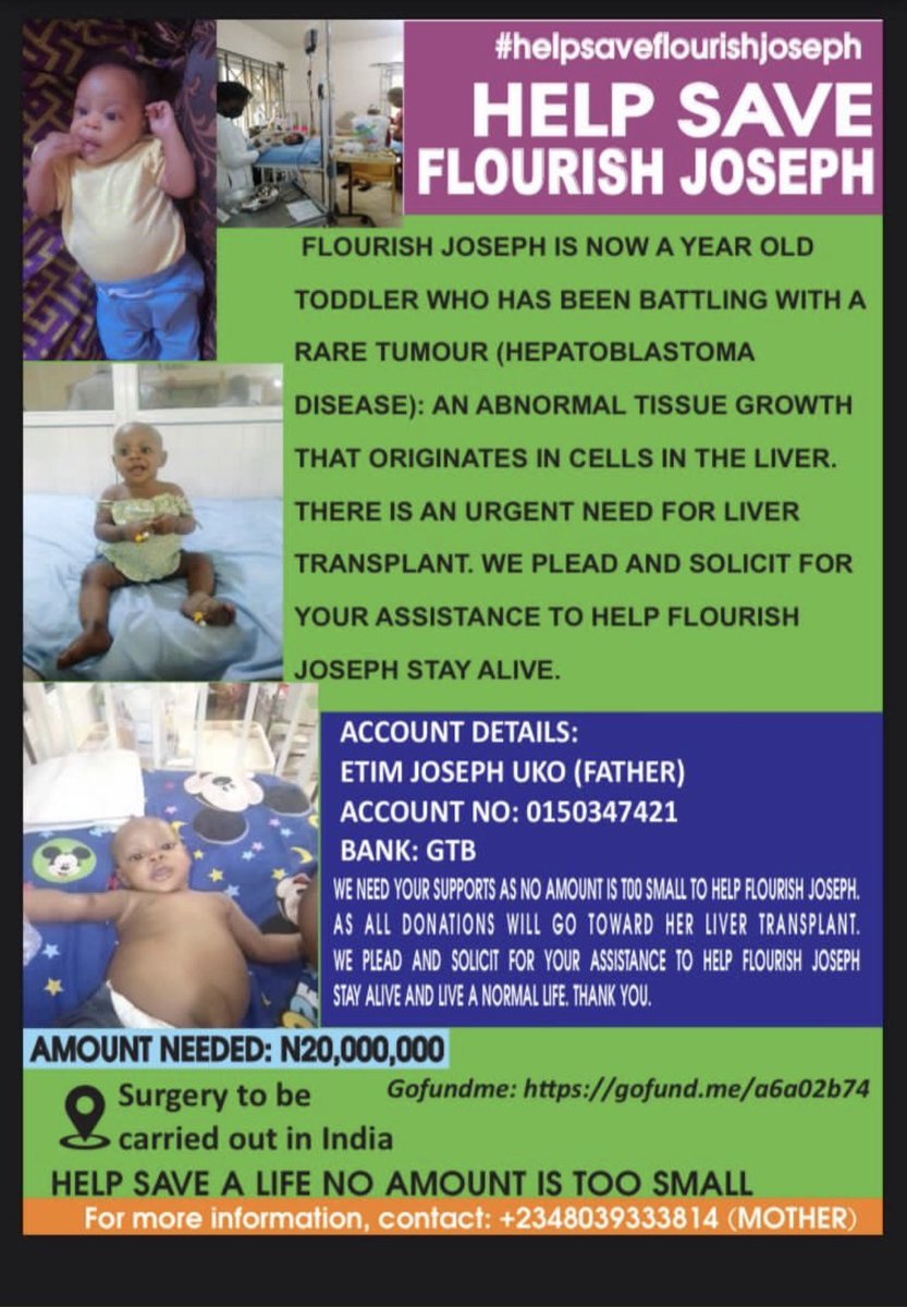 JoyceOnyemuwa's tweet photo. @seyimakinde Hepatoblastoma is a rare tumor (an abnormal malignant tissue growth) that originates in cells in the liver
HELP #savethelifeofFlorish 
She needs a liver transplant
Sometimes the life of others are in our hands. #DonatetoFlorish nothing is too small. 🙏 https://t.co/Eiumw4brPZ