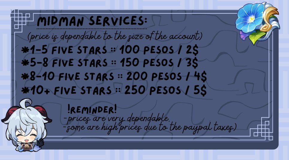 StanGanyu's tweet photo. Midman and Piloting Services! Starting Tommorow! #GenshinImpact #GenshinNA #GenshinAsia #genshintrade  #genshinpiloting #genshintwt #GenshinFarming #Ganyu 
Credits to @cloudyyberry  for the banners!
Retweet to help Thank you! ^^
Vouches Thread~ :D 
For more information dm me! :D https://t.co/eGWBLekrwB