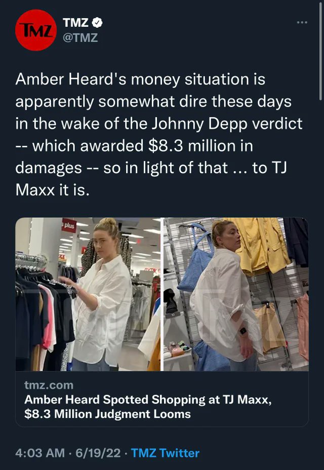 PatrickKarlKni2's tweet photo. I stand corrected on my previous post. Apparently it wasn't a shopping trip but a work trial. Just 7398 years of work to go before the $8,300,000 is paid off. #GoAmber
#JohnnyDeppWon #AmberTurdIsAnAbuser #AmberHeardlsALiar #AmberHeardIsANarcissist #FuckMSM https://t.co/oL536HL1Nm