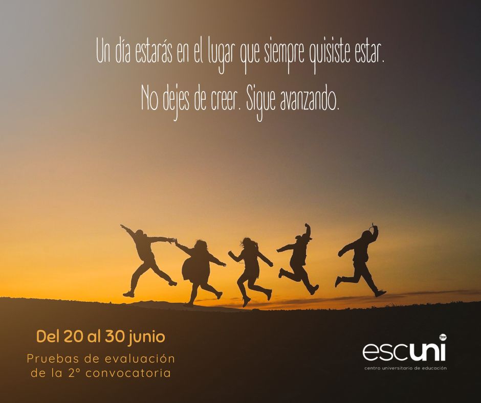 escuni's tweet photo. Mañana arranca en @escuni la segunda
convocatoria de las pruebas de evaluación. Deseamos
que os salgan los exámenes muy bien. 💪 ¡Ánimo en
este último empujón!
#Escuni #SomosEducación #magisterio #educación #EducaciónInfantil #EducaciónPrimaria #pedagogía
#EducaciónSocial https://t.co/NQsDcPWxCL