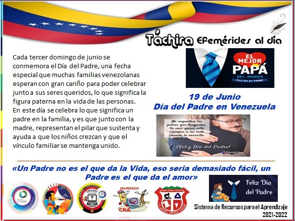 #19Junio Día del Padre en Venezuela, "Por ser como eres y por el apoyo que día a día aportas a tus hijos". Desde el <a href="/lnamd1968/">LNAMD1968</a> Estado #Tachira Municipio #Jauregui La Grita,
@MPPEDUCACION 
<a href="/FreddyBernal/">Freddy Bernal</a> 
@ZonaEducTachira 
<a href="/Berzabethg1/">Berzabethgandicaoficial</a> 
<a href="/carloschaconlg/">Juan Carlos Chacon</a> 
<a href="/Crazet2011/">Crazet2011</a> 
<a href="/CRAJAUREGUI2/">CRAJAUREGUI</a>