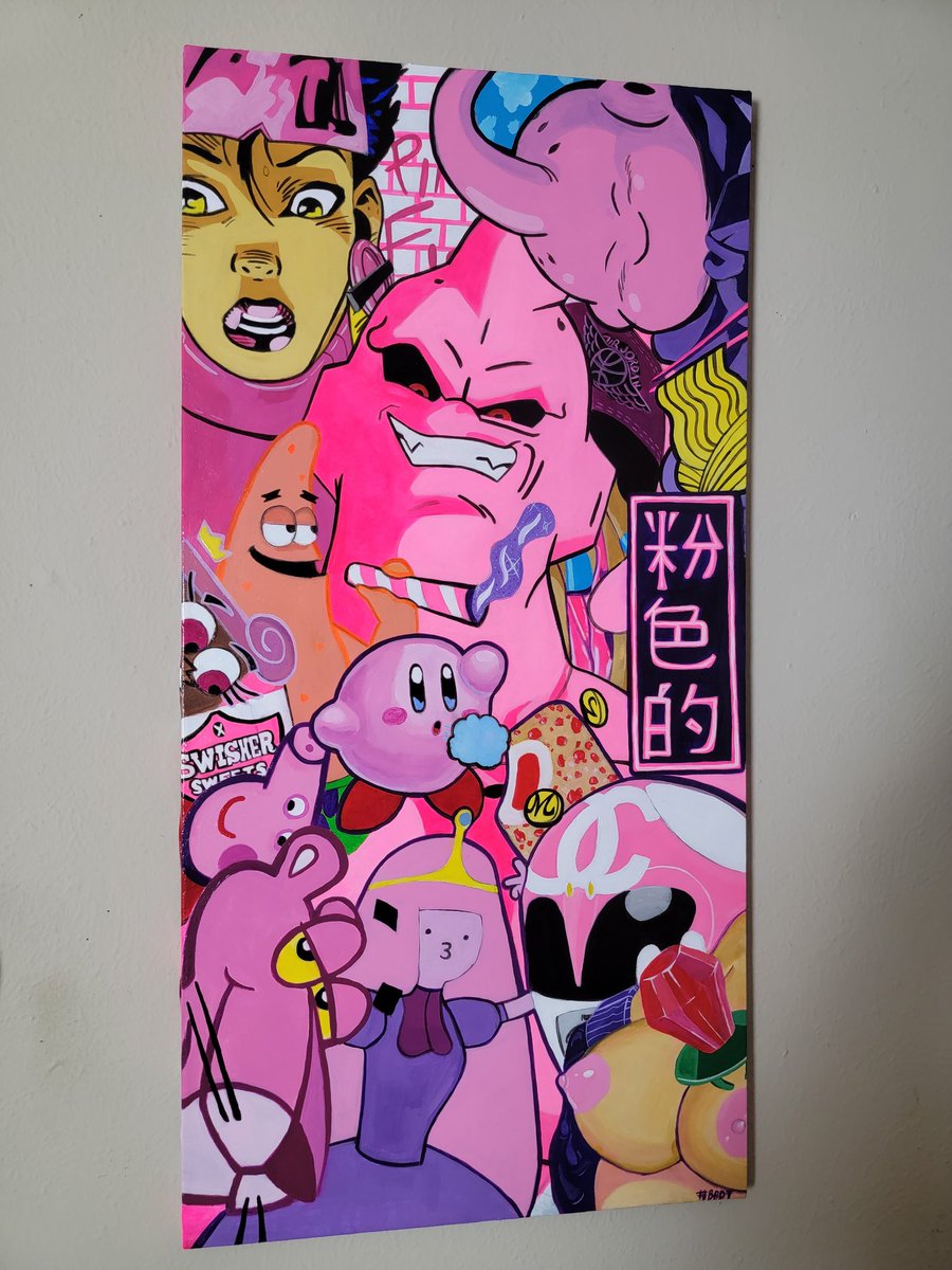 Bigbusinessart's tweet photo. Added a few coats of varnish. Luv this painting even more. Keep staring @ this muthafukka. Still can't believe i did this. 💯💯💯

#art #bbdt #painting #htown
#pink #dbz #buu
#marvel #spongebob #Kirby  #pho #anime #pinkpanther #AdventureTime #pinkranger #chanel #stoner https://t.co/YnKywepQwR