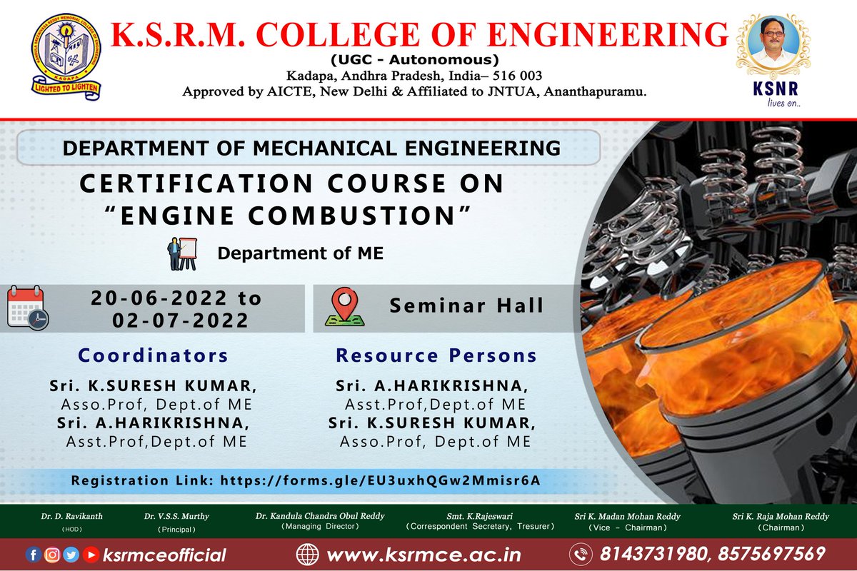ksrmceofficial's tweet image. Department of ME organizing Certificate course on Engine Combustion from june 20 to July 02, 2022

#ksrmme #enginecombustion #certificatecourse #KSRM #ksrmce #kandulagroups #engineering #kadapa #ksrmceclubs #jntua #AICTE #aishe #apsche #IntiativesofMHRD