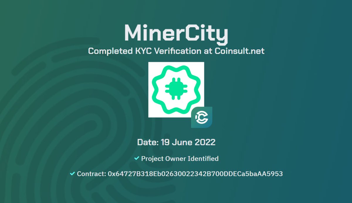 MinerCity's tweet photo. 🚀KYC and AUDIT DONE.

💎Thank you @CoinsultAudits 

#minercity #Pinksale #coinsultaudits #BNB #Bitcoin #Metaverse #NFTs https://t.co/ReiVtPyWhG