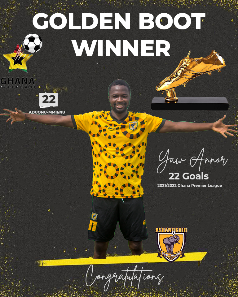 AshantiGoldSC_'s tweet photo. C O N G R A T U L A T I O N S 

Yaw Annor finishes as top scorer of the 2021/22 Ghana Premier League season with 22 goals. 

#Miner💛🖤🐘 https://t.co/0iWBLphtcP