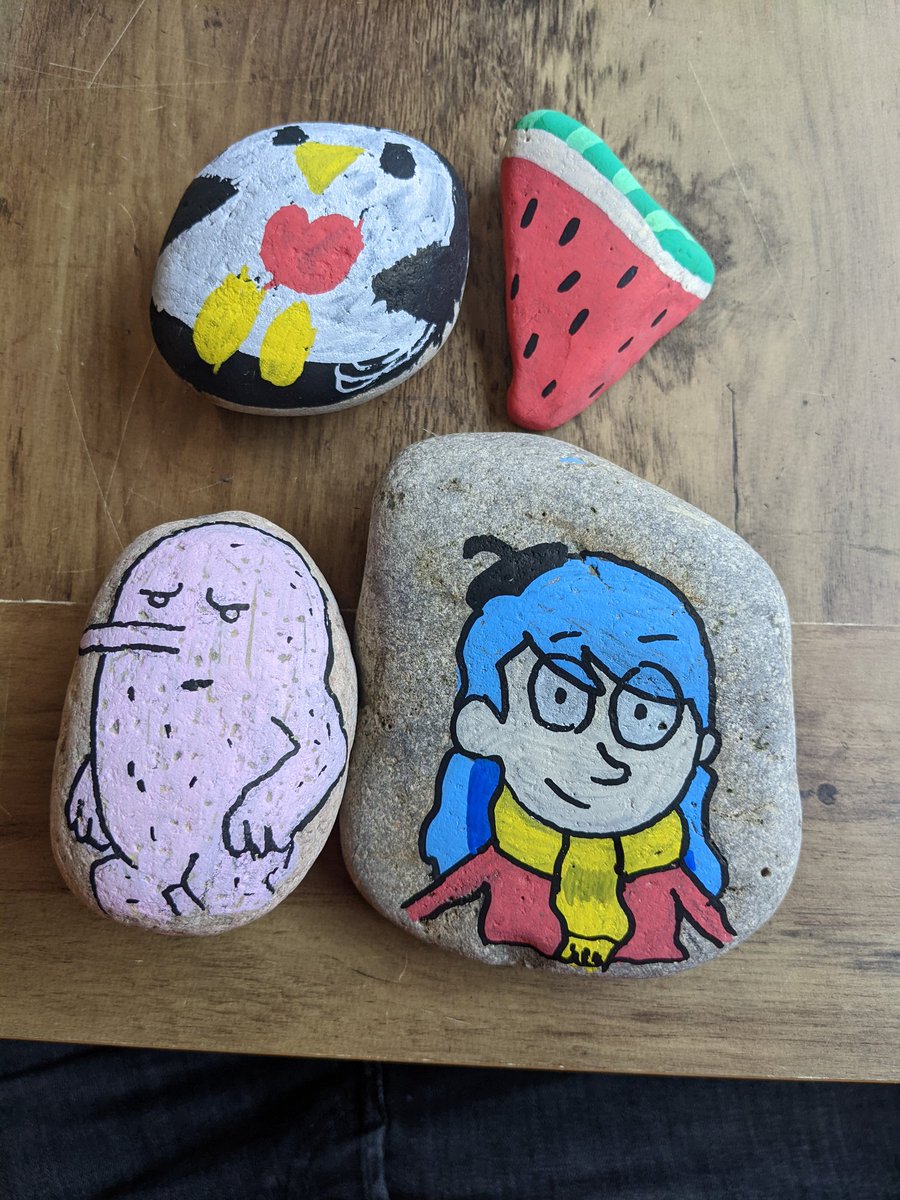 Painting rocks with the 5 yr old to hide in the local wood for others to find. Had to do some of my daughter's favourite book Hilda <a href="/thatlukeperson/">Luke Pearson</a> <a href="/hildatheseries/">Hilda</a>