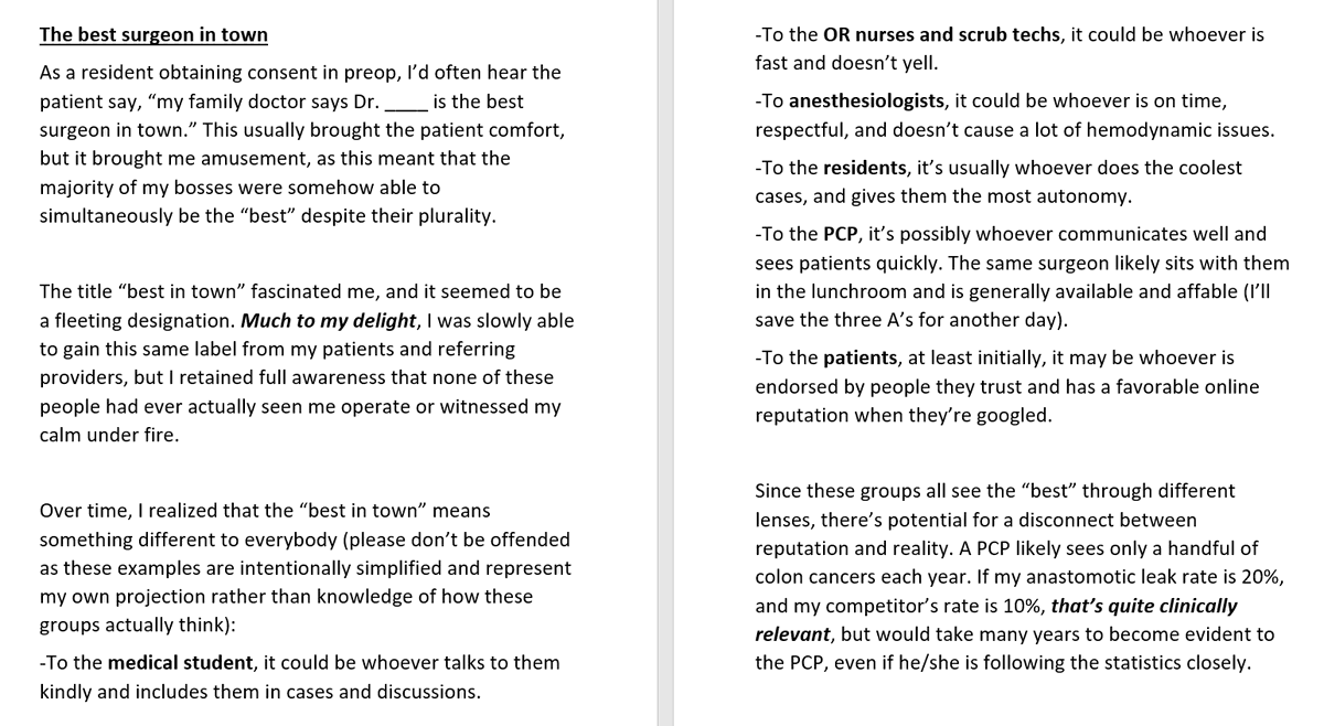 SeanLangenfeld's tweet photo. Who's the best surgeon in town?

The best hands? The best judgment?

These are my thoughts. It's a 5-minute time commitment, and I hope you find it helpful/interesting.

I'm eager to hear your perspectives as well, as it's difficult to see how others judge your abilities. https://t.co/UZBpYD86eu