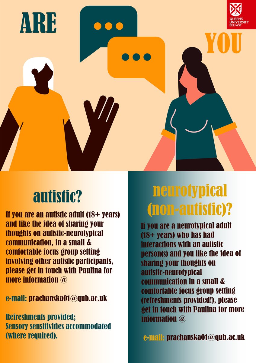 Focus group participants needed (18 or 19 July 22)! Are you an autistic or neurotypical (non-autistic) adult based in Belfast (or surrounding areas) with experience of autistic-neurotypical social interaction? If so, your help is needed to advance the field of autism research.