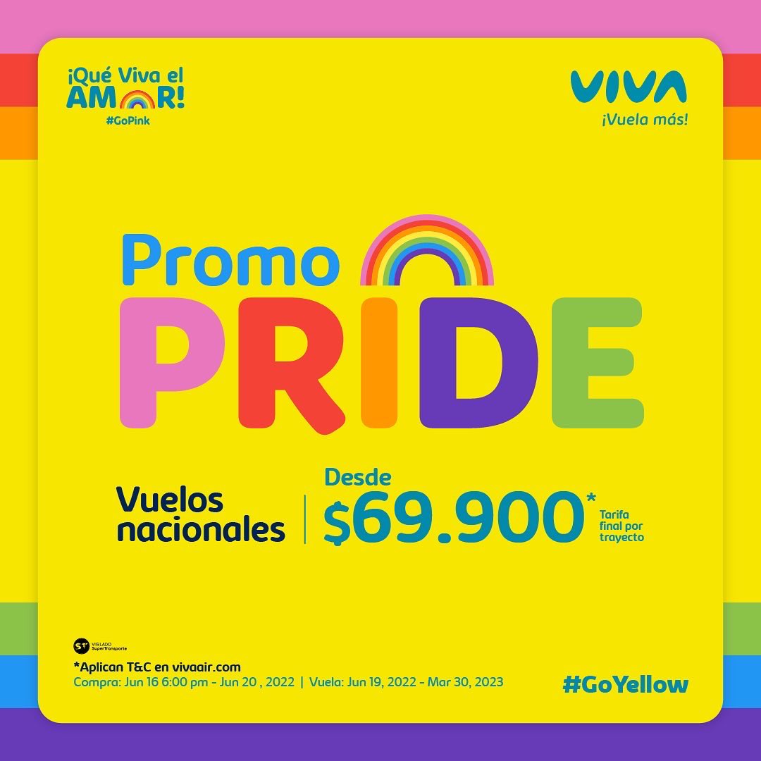 VivaAirCol's tweet photo. Que no te falten razones para volar 🏳️‍🌈✈️🎊

Aprovecha nuestra #PromoPride y vuélate desde $69.900* 😎✌🏼

*Aplican T&amp;C en https://t.co/rx0KDuvCvQ

#PrideViva #VuelaMas #VenAVolarConViva #10AñosRompiendola #LoveIsLove https://t.co/esYuwLY5qC
