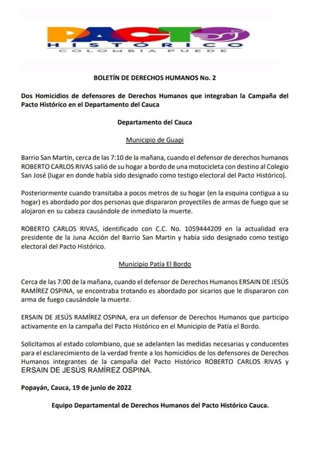 HormigaJhonatan's tweet photo. URGENTE!! Acaban de asesinar a dos integrantes del @PactoCol  @cauca_humana  en Patia Cauca, uno era presidente de junta comunal   #NosEstanMatando #PersecucionPolitica por favor RT y salgan masivamente a votar https://t.co/pgXsvYyNm3