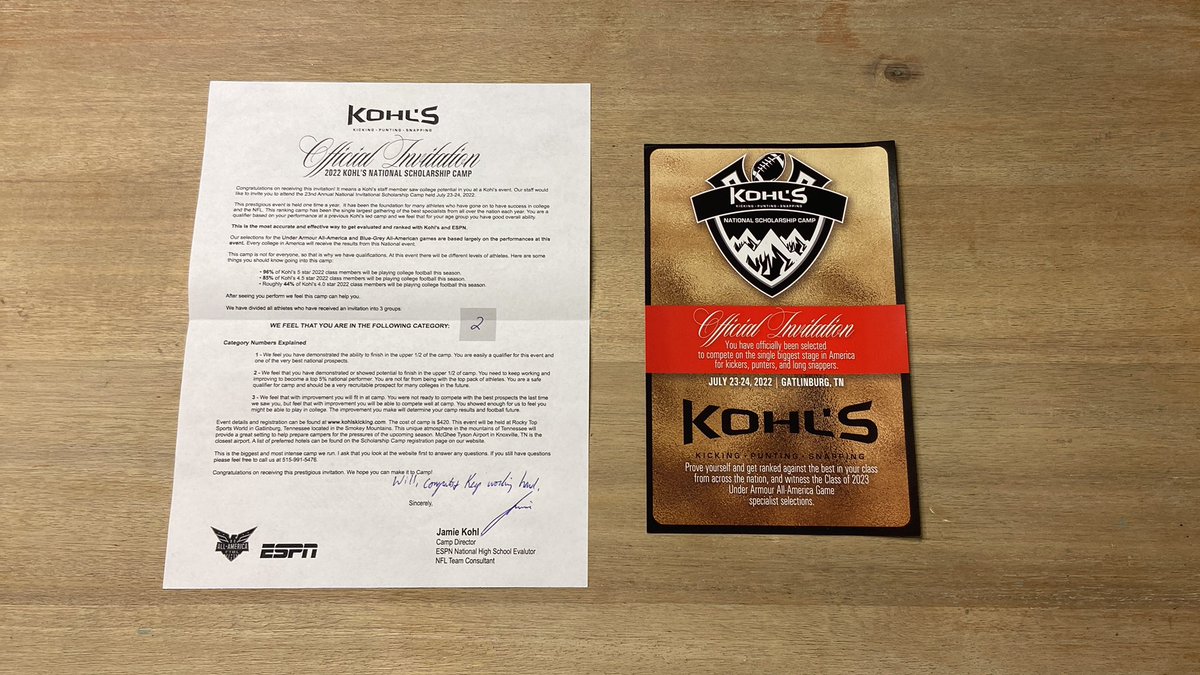 thewilldalonzo's tweet photo. Thank you @KohlsKicking for an invitation to their national scholarship camp! @CoachGoebbel @coachdaoust @Coach_Dougherty @DavFB_CoJack @Williebecu86 @jhrosefootball https://t.co/Xr6b819F6o