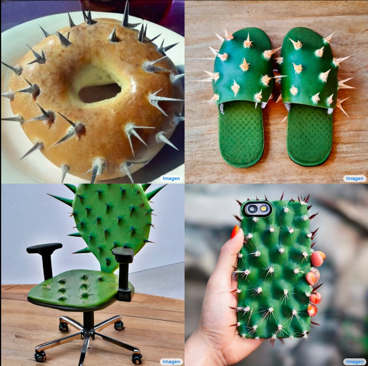 irinablok's tweet image. Everything is just better with cactus spikes

“Bagel with real cactus spikes”

“Slippers with real cactus spikes”

“Office chair with real cactus spikes”

“Mobile phone with real cactus spikes”