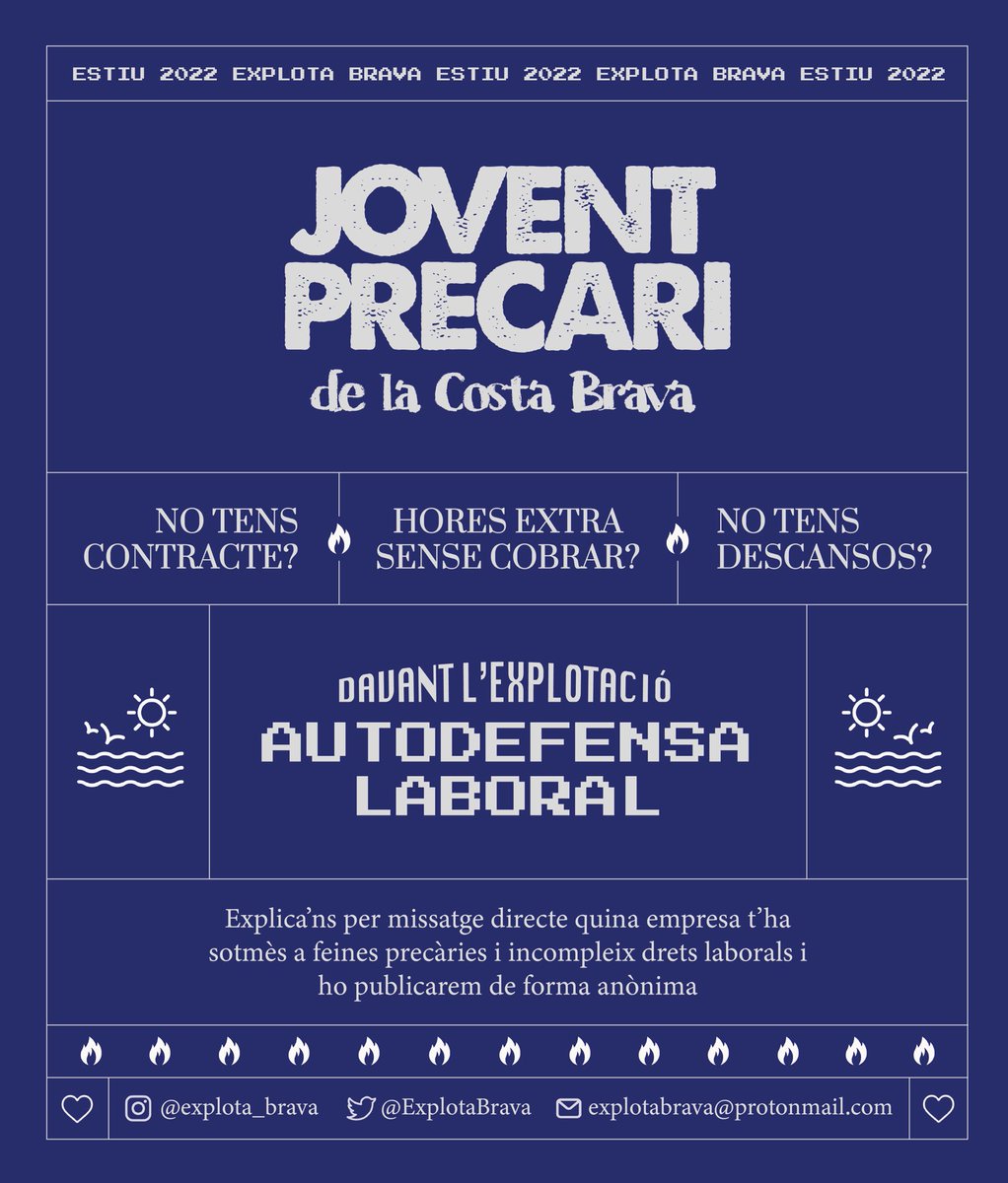 Treballes a la #CostaBrava i no tens contracte? Fas hores extres i no les cobres? No tens els descansos que et pertoquen? 

❤️‍🔥 DENUNCIA-HO! ❤️‍🔥

📩 Envia’ns un missatge explicant-nos la teva situació i ho publicarem anònimament.