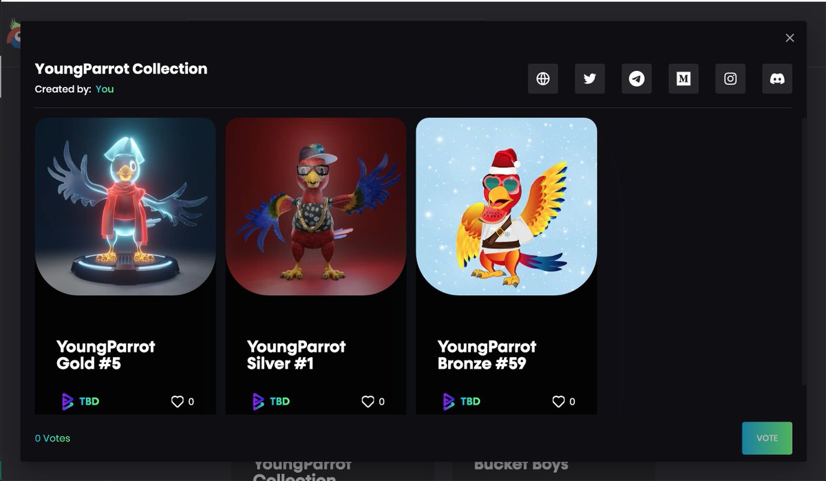 Here are our 3 tiers: Gold/Ultra rare holographic, Silver/Rare and Bronze/Common.

We will do YoungParrot collection launchpad for buyers to mint this July. Hold at least $50 YPC to get at least 20% discount.

Buy YPC on thesphynx.co/swap/32520/0x1….

#bitgert #ypc #nft #launchpad