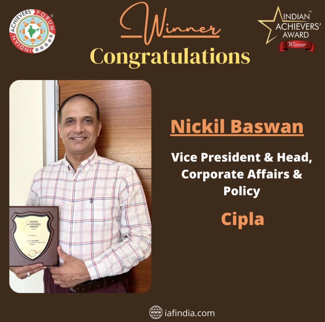 I would like to take this opportunity to thank the Indian Achievers Forum for this prestigious recognition.<a href="/Cipla_Global/">Cipla</a> 

#cipla  #IndianAchieversAwards #gratitude #iaf2022